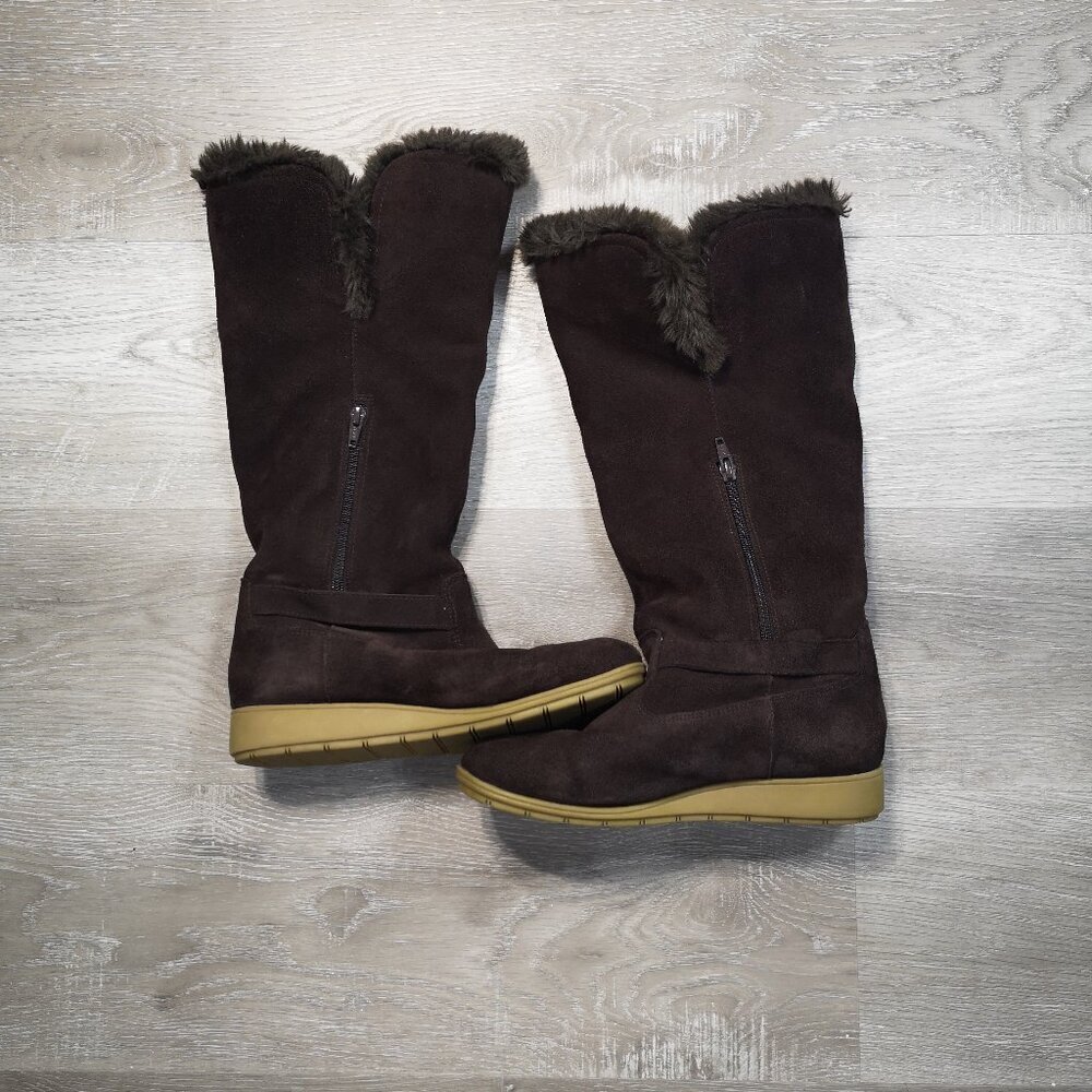 Lands' End Ladies Size 7.5 Faux Suede Dark Brown Faux Fur Lined Wedge Heel Boots